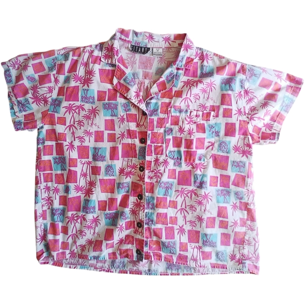 Gitano Vintage Hot Pink Blue Hawaiian Button Down Camp Shirt M